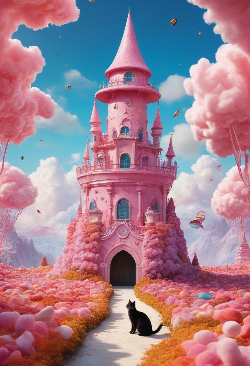 A vibrant, dreamlike landscape filled with swirling colors and bizarre creatures, such as a giant cat wearing a monocle and top hat, dancing teacups, and floating umbrellas. In the background, a whimsical castle made of candy looms under a swirling sky of cotton candy clouds. This scene embodies the essence of eccentricity and absurdity, inviting viewers into a fantastical journey. super-realistic. vibrant colors. surreal. whimsical art.