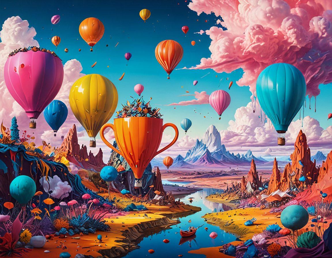 A colorful, surreal landscape filled with giant, whimsical objects like oversized pencils and floating teacups, juxtaposed with abstract shapes and splashes of vibrant paint. Inhabitants of this imaginative world are quirky, mismatched creatures inspired by the concept of creativity and madness. The sky is a brilliant gradient of colors, reflecting the chaos and joy of artistic expression. This fantastical scene evokes a sense of wonder and inspiration. vibrant colors. surreal style.