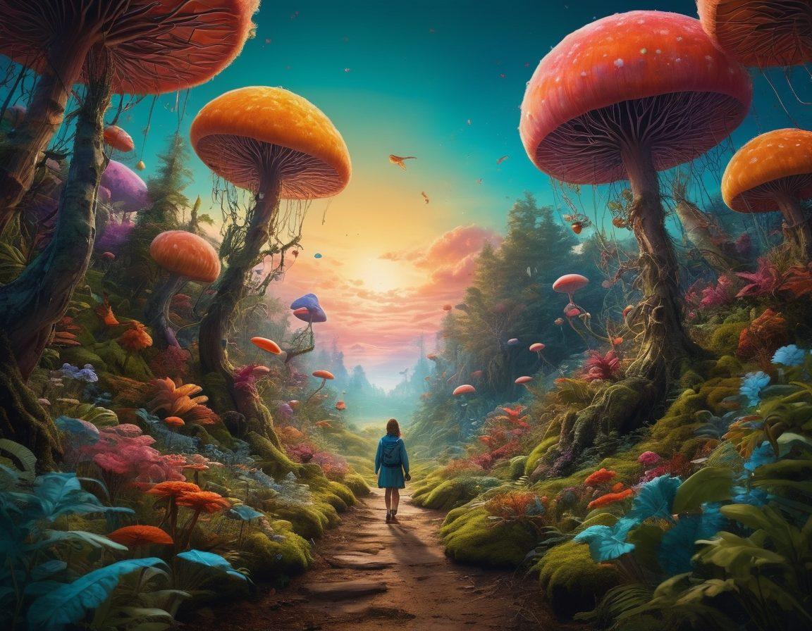 An adventurous figure with a whimsical expression exploring a dense, surreal forest filled with peculiar plants and fantastical creatures, each showcasing vibrant colors and odd shapes. The sky is a blend of unusual hues, creating an enchanting atmosphere. The scene is also dotted with quirky signs pointing to strange destinations, symbolizing the bizarre journey of life. super-realistic. vibrant colors. whimsical style.